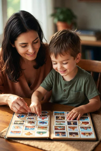 Mãe e filho colando figurinhas